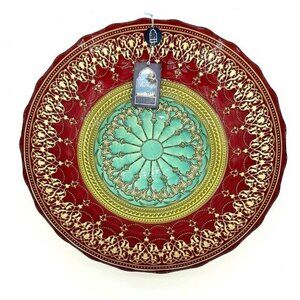 Turkish Glass Round Bowl Dinner Green Gold Red Oriental Lace 16” W 3” D